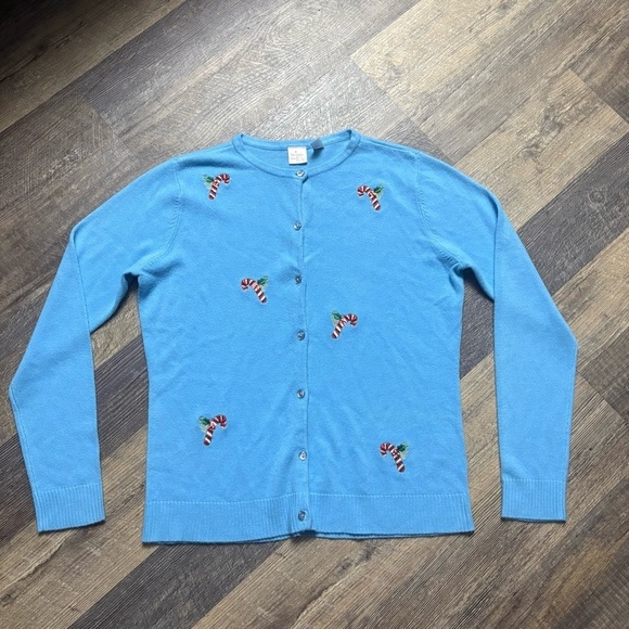 wish for joy Sweaters - Wish for Joy blue Christmas button up long sleeve holiday candy cane top M